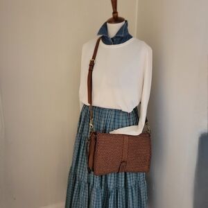 Sundance PIA Stich Leather Clutch/Crossbody/Messenger Bag. Chestnut.